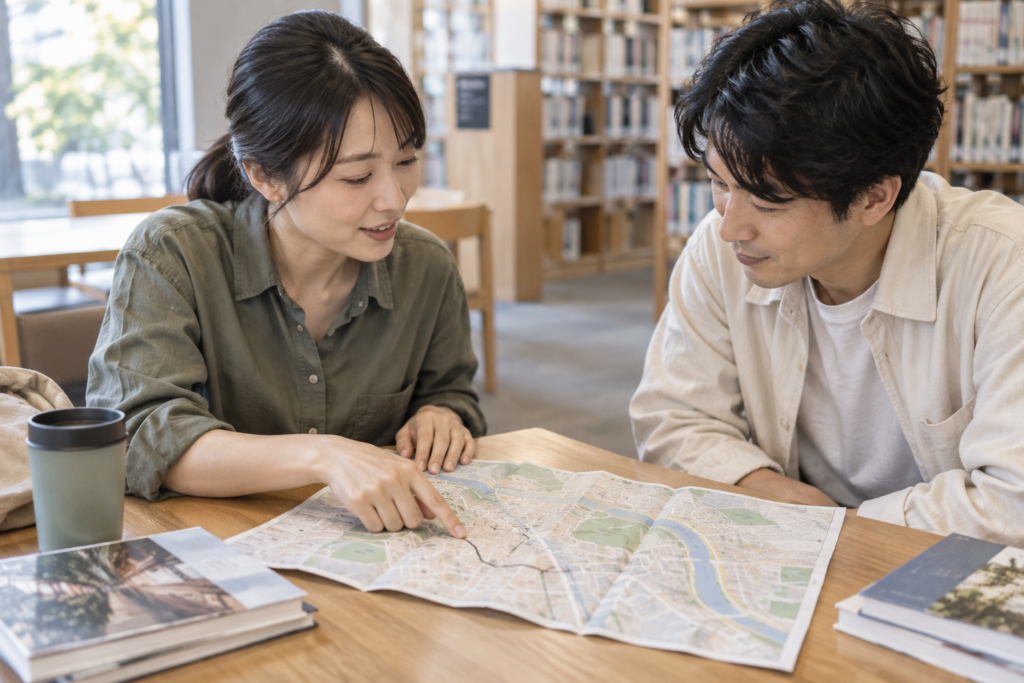 折り地図に残した寄り道の線を女性が指し、隣に座る男性がその場所を見ている。