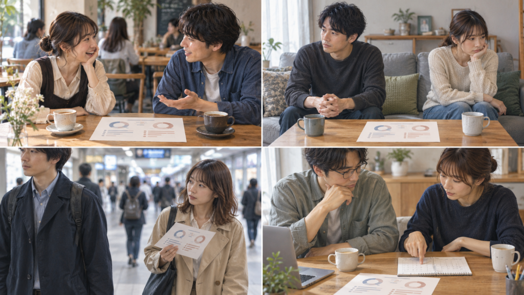 異なる四組のカップルが、それぞれ同じデザインの相性診断カードを自分たちの関係へ当てはめている四分割図