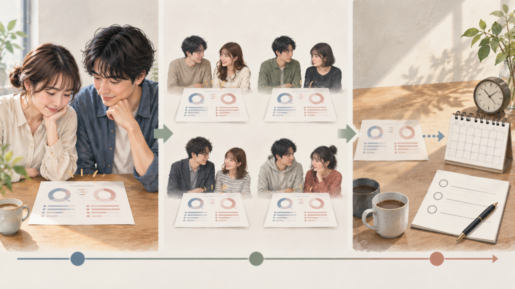相性診断を、当てはまる感覚、他の組み合わせとの識別、将来の行動予測の三段階に分けた横長図解