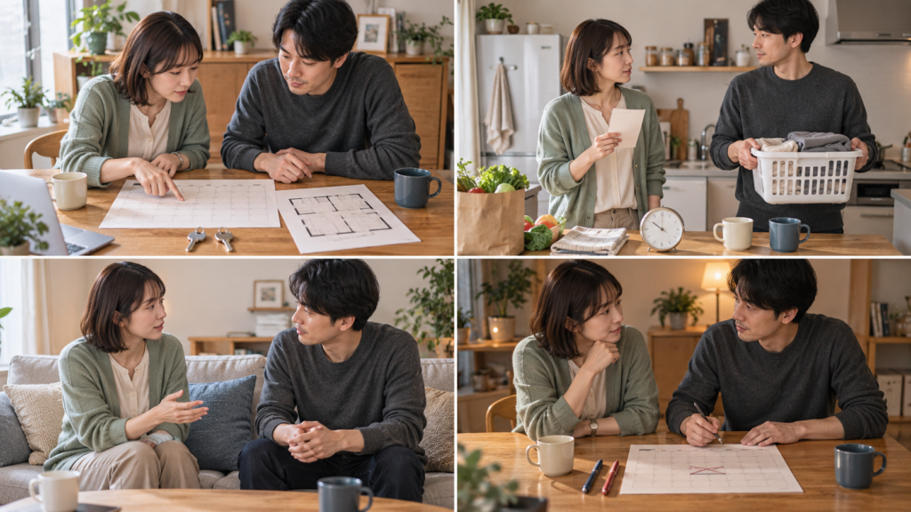 同じカップルが、将来設計、日常の役割、心地よい距離、衝突後の話し合いを確認する四分割場面