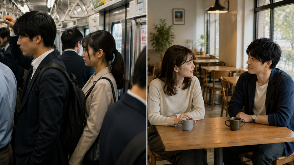 同程度の近距離でも、混雑した電車と空席のあるカフェでは距離が生まれる理由が異なることを比較した構図