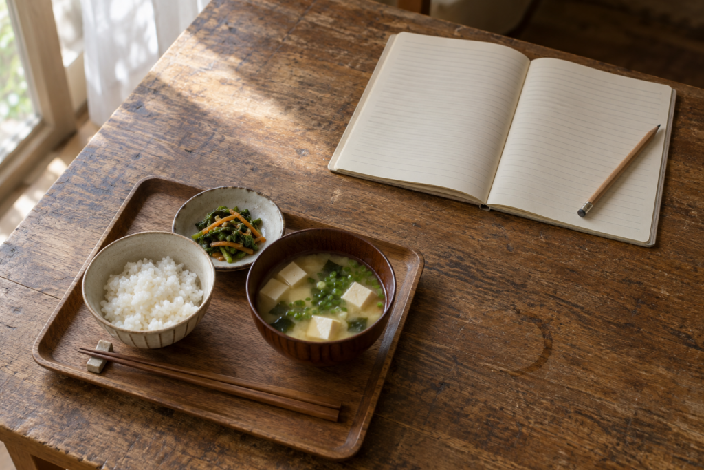 木の机の右奥に開いたノートと鉛筆が残り、左手前には一人分のご飯と汁物が置かれている。