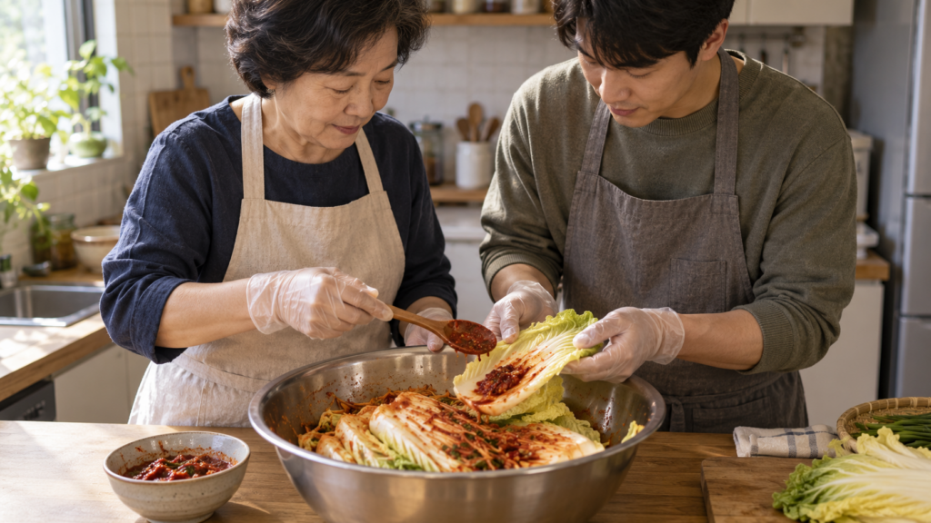 二人の大人が白菜の葉を開き、木べらに載せた赤い調味だれの量を一緒に見ている。