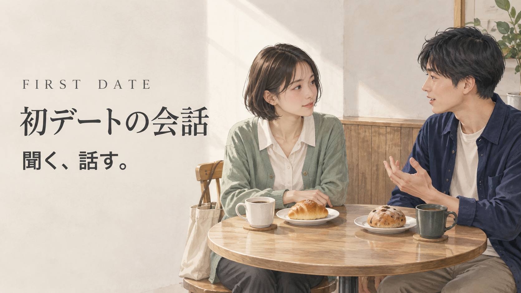 パンの皿を前に向かい合って話す二人に、「聞く、話す。」の文字を添えた表紙。