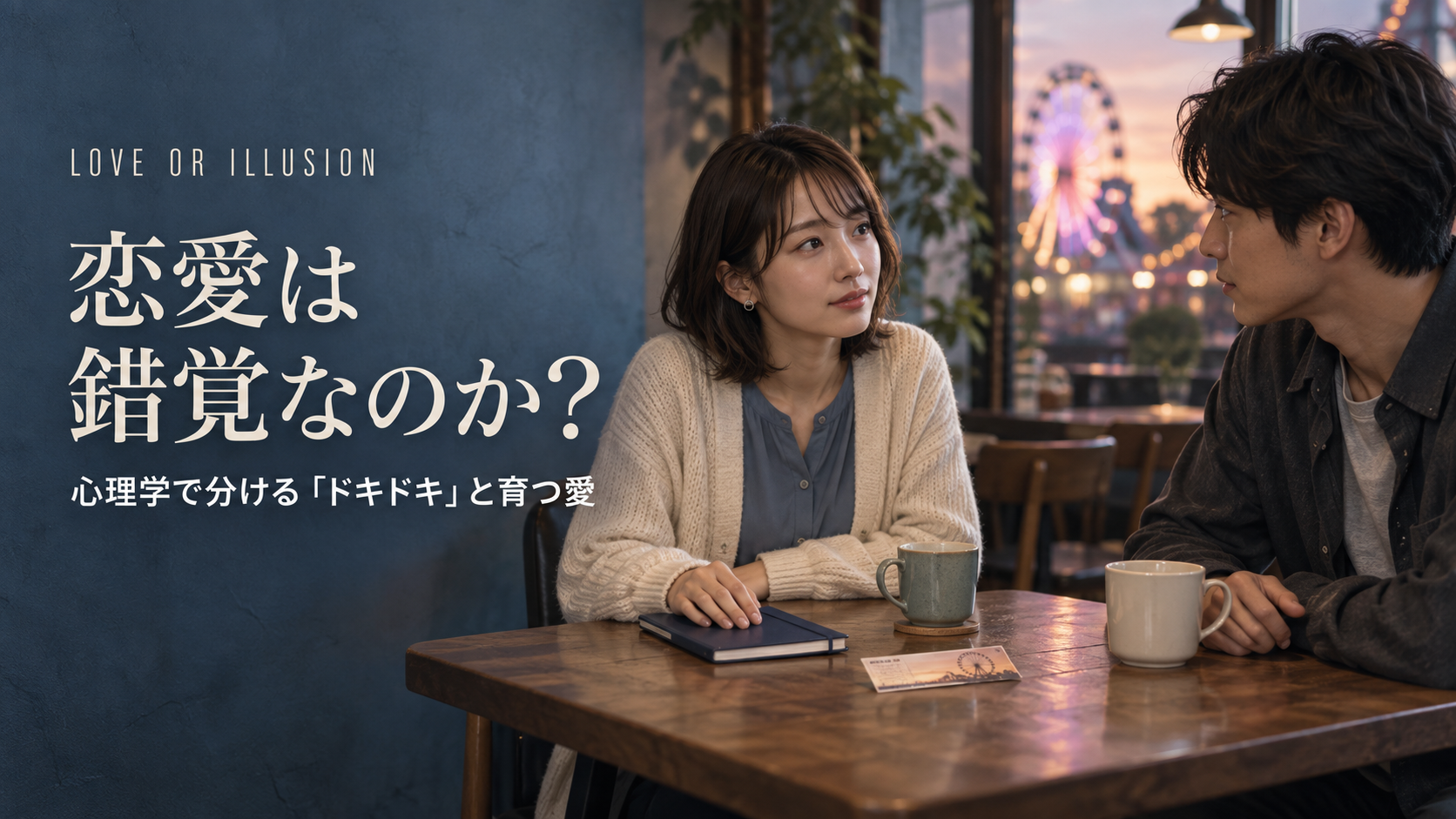 遊園地のチケットとノートを挟み、静かに向き合う男女が、恋の高揚と関係の積み重ねを対比させている。