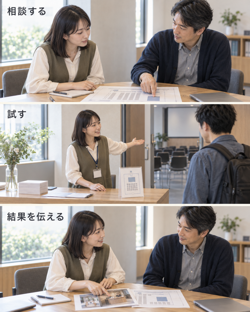 イベントの案内方法を相談し、受付で試し、後日その結果を伝える三つの場面。