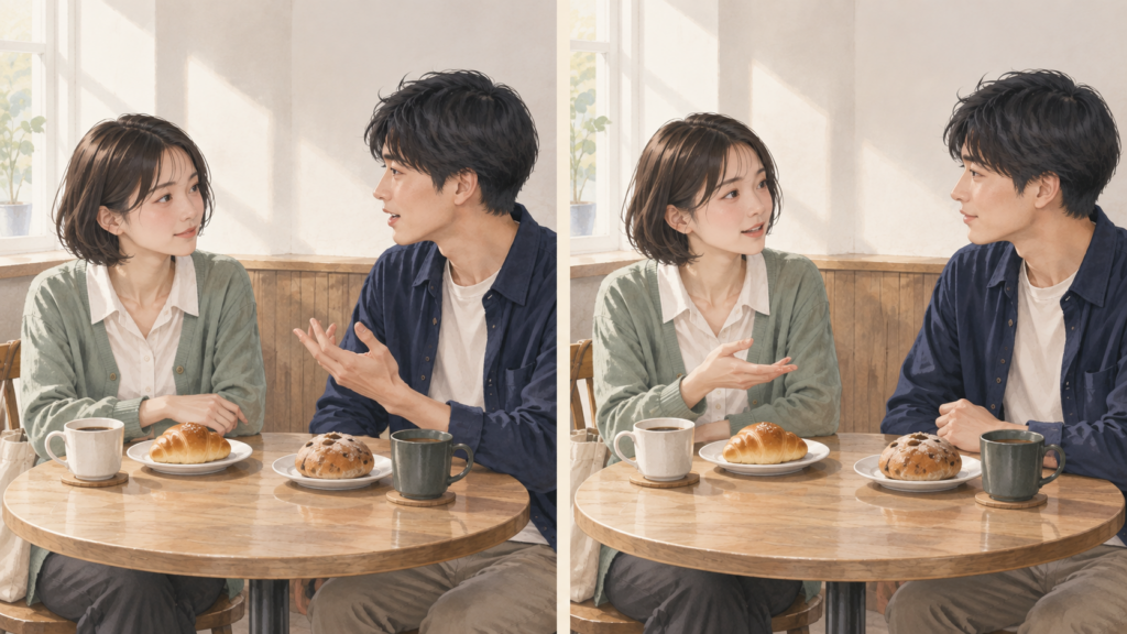 パンの皿を挟んで座る二人の、話し手と聞き手が入れ替わる二つの場面。
