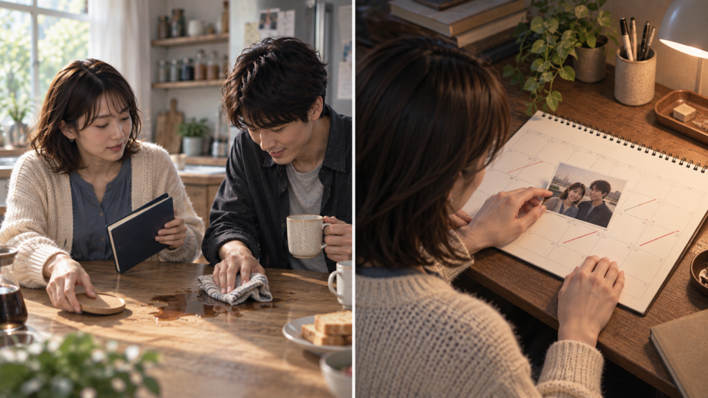 一度のコーヒーの失敗を二人で片づける場面と、複数の予定変更を示すカレンダーをカップル写真で覆う場面を比較している。