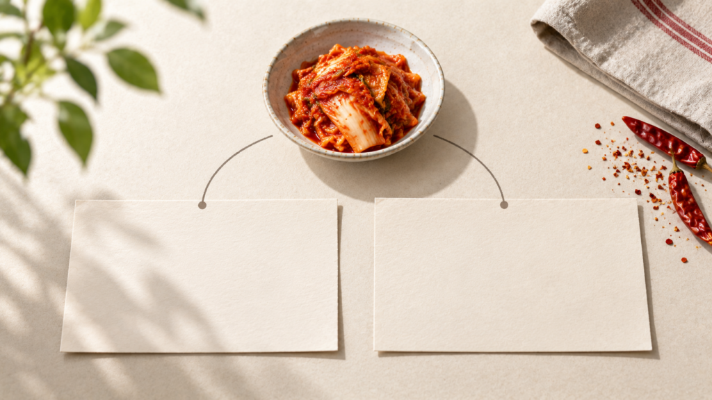 一皿のキムチから、「どれくらい辛い?」と「また食べたい?」の二つの問いに分かれる図。