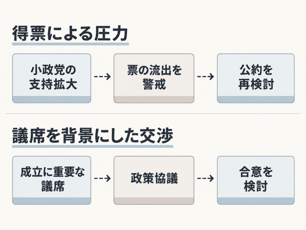 支持拡大を受けた公約の再検討と、議席を背景にした合意の検討を分けた二つの経路。