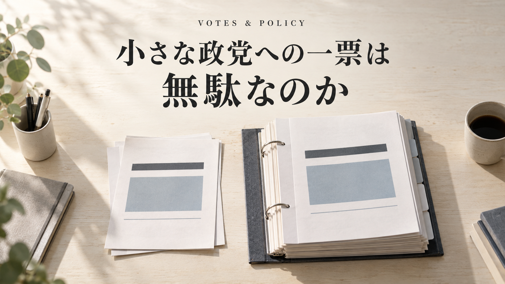 薄い提案資料と厚い政策資料に、同じ図柄の一枚が置かれている。