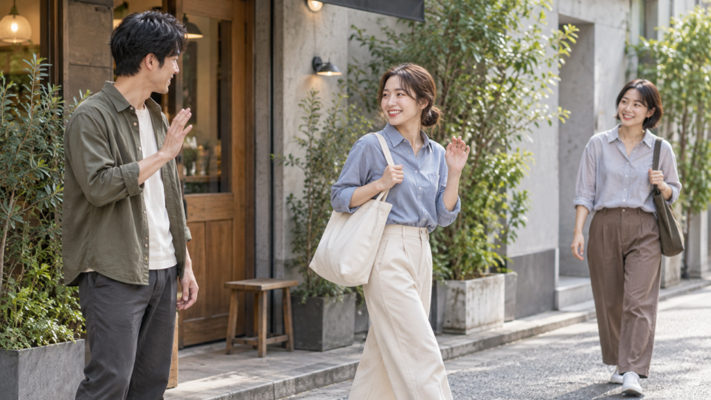 カフェ前で男性に笑顔で手を振り、少し先で待つ友人のほうへ向かう女性。
