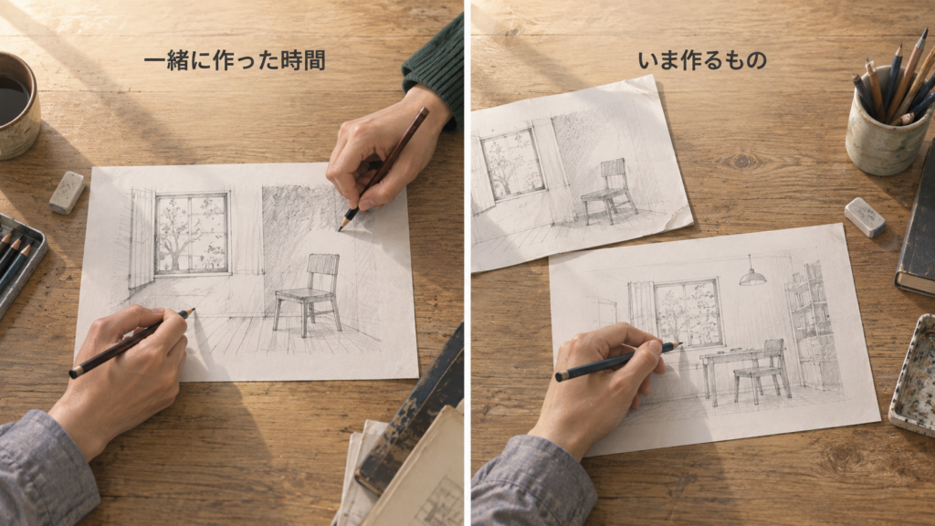 二人で一枚の紙に描く場面と、その紙を脇に残して一人が新しい紙へ描く場面の対比。