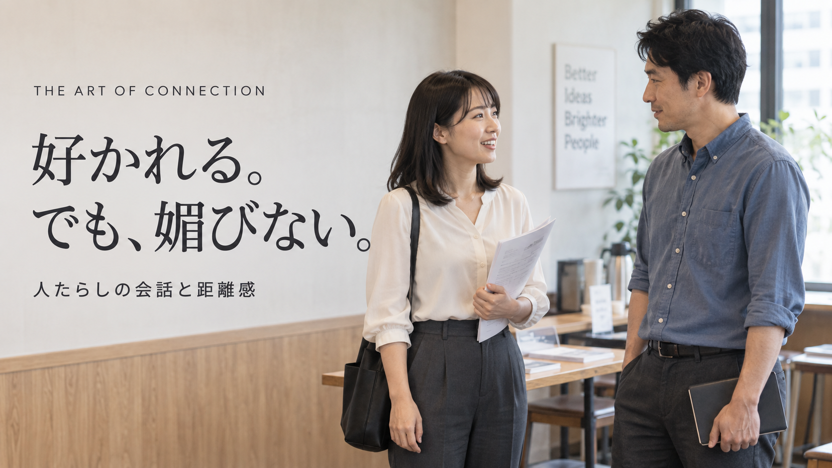 「好かれる。でも、媚びない。」の見出しと、勉強会の資料を持って向き合い、話している二人。