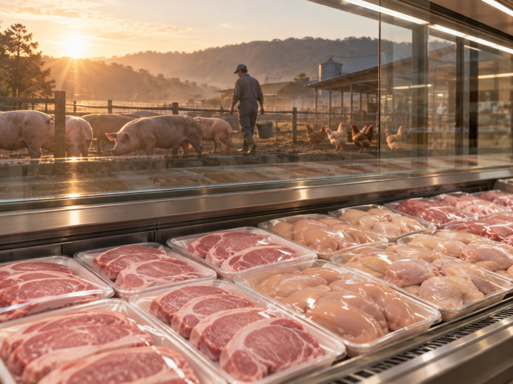 スーパーの肉売り場の陳列ケース越しに、豚や鶏がいる農場と作業する人が見える構図