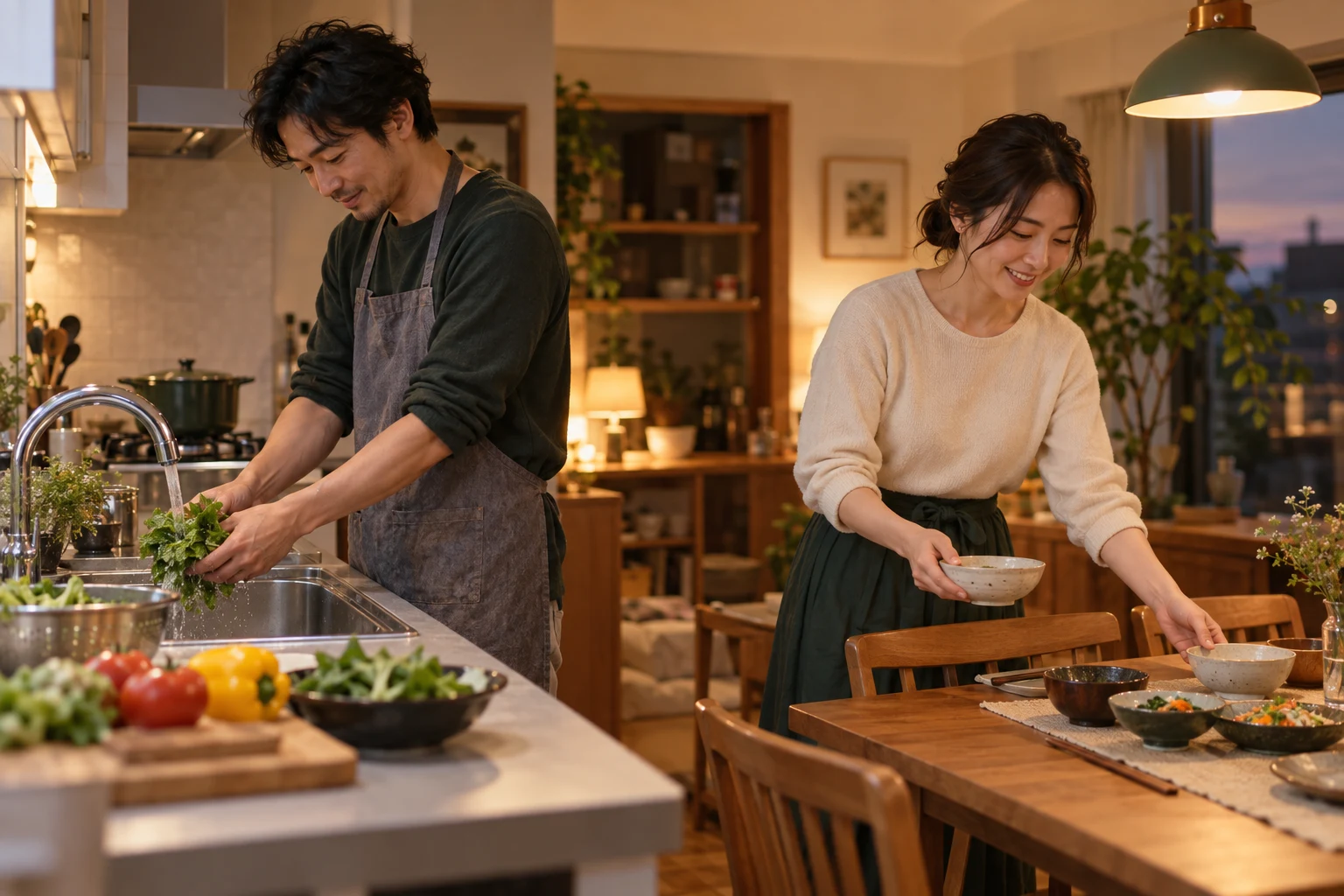 自宅のキッチンで協力して食事を準備する二人