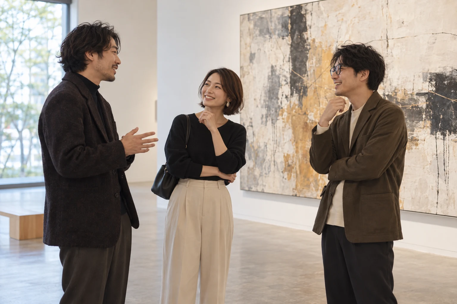 美術館で作品を見ながら話す三人