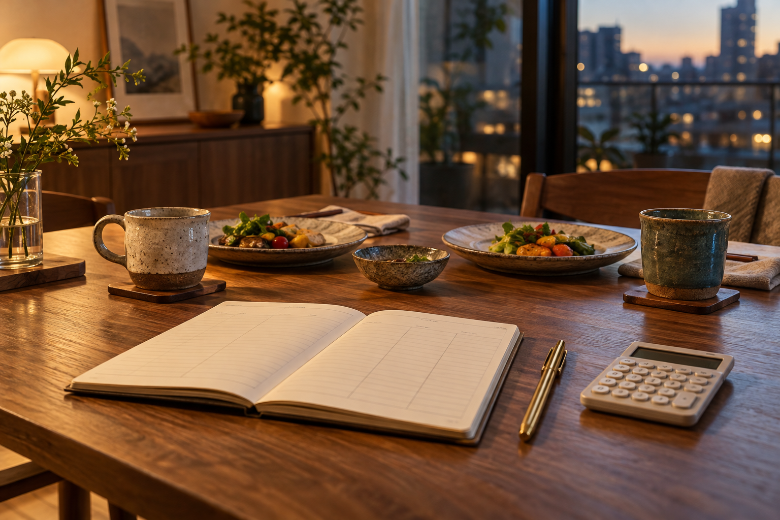 条件を考えるノートと電卓、その向こうに二人分の食器が並ぶ夕食のテーブル