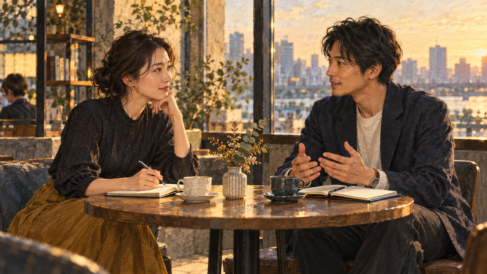 カフェでノートを開き、対等に話し合う二人