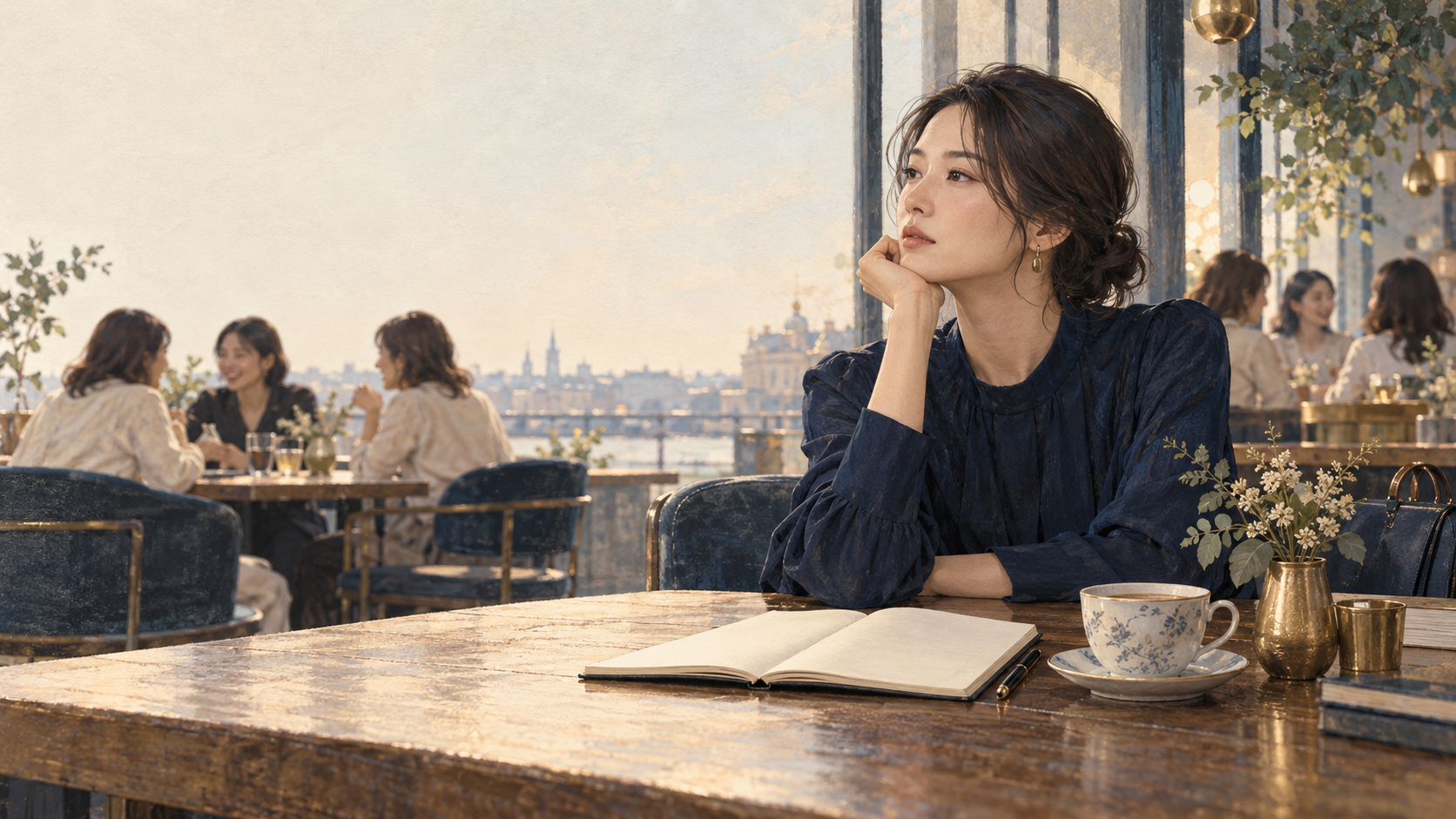 カフェの窓辺で、これからの暮らしを考える女性