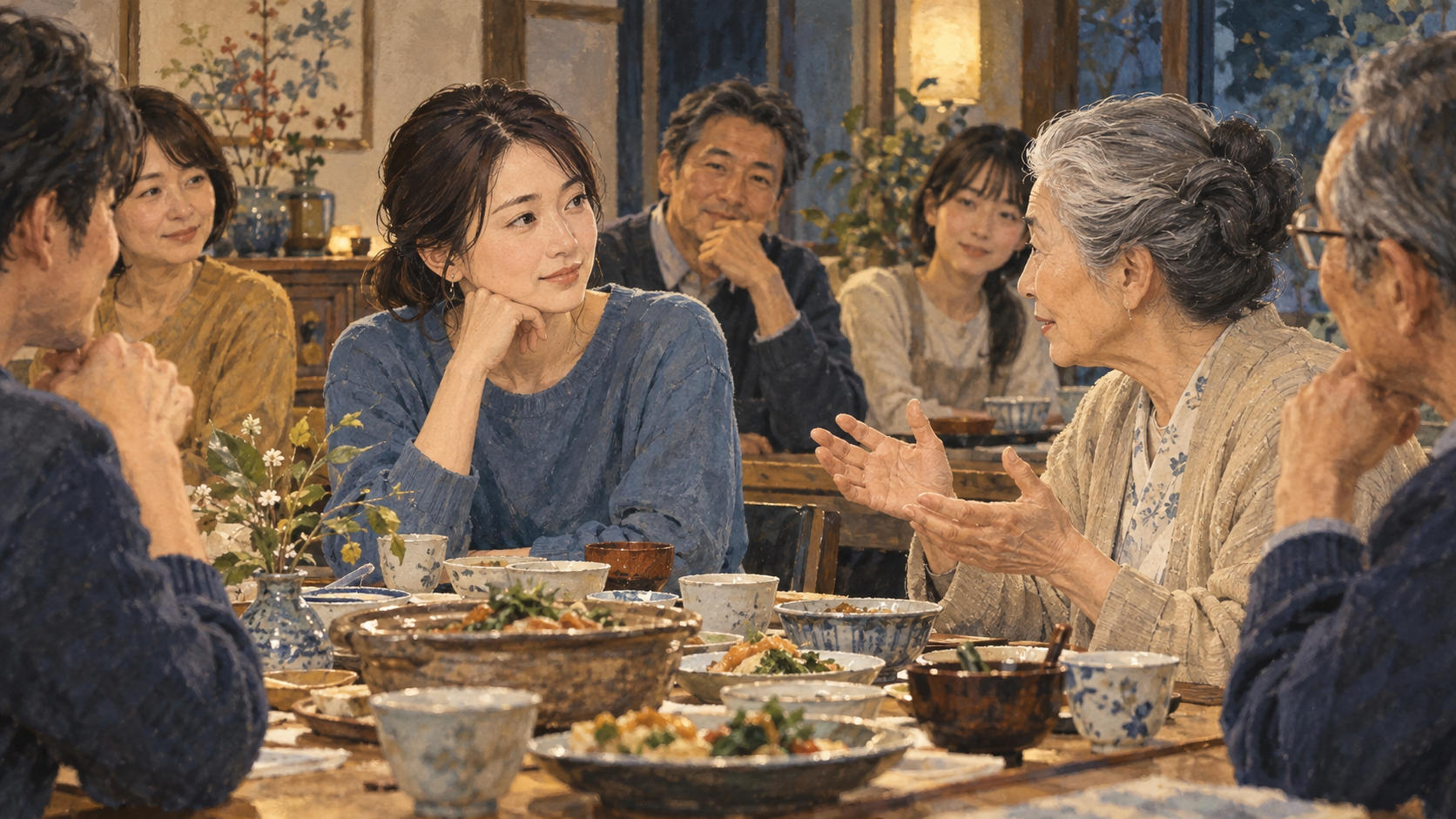 食卓を囲み、年長の家族の話に耳を傾ける女性