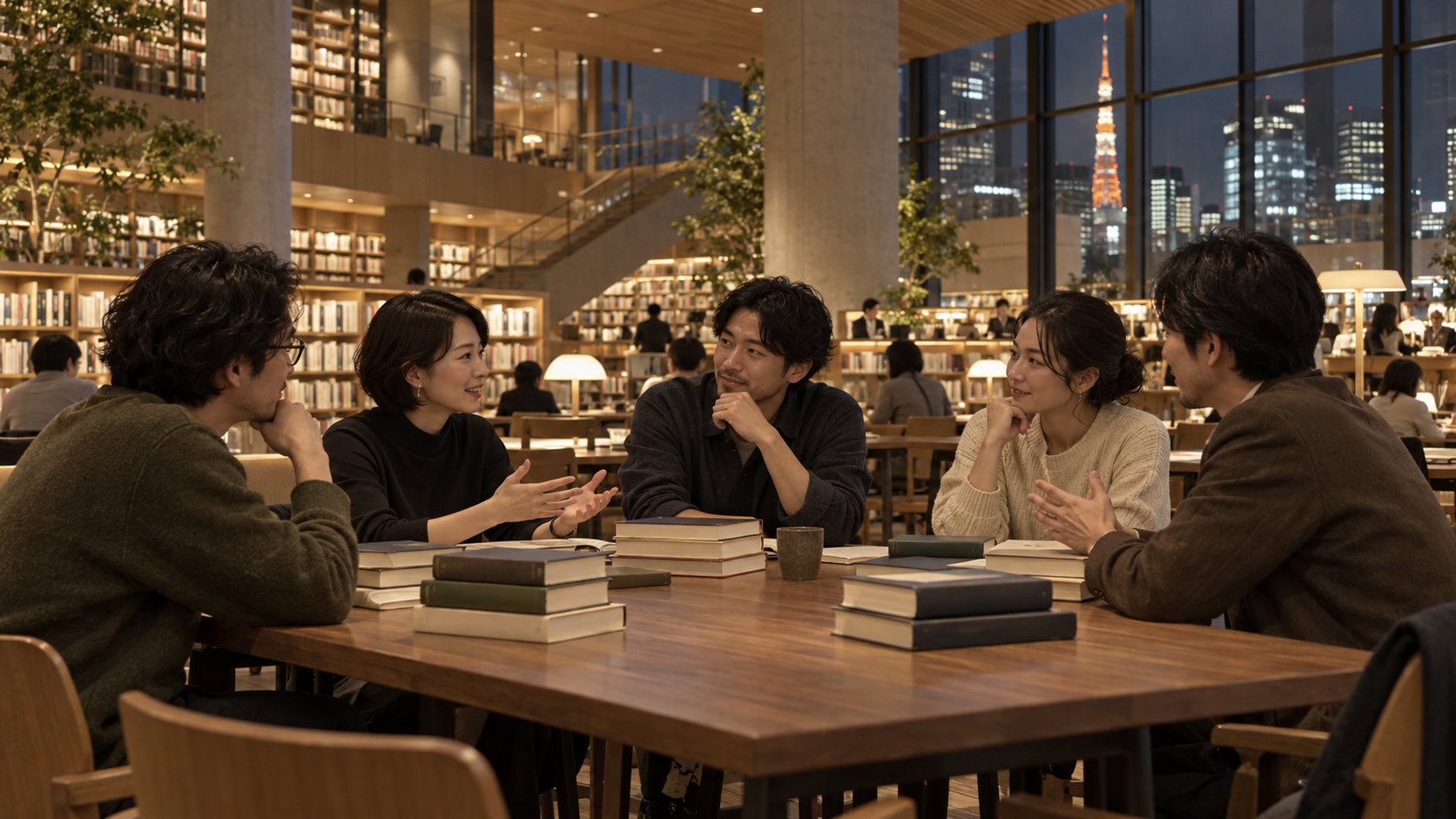 読書会で本を囲んで話す人々