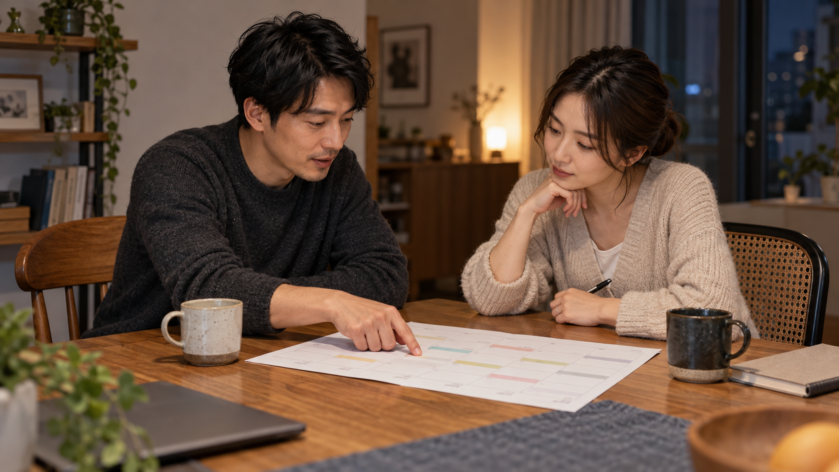 予定表を見ながら生活の予定を相談する二人