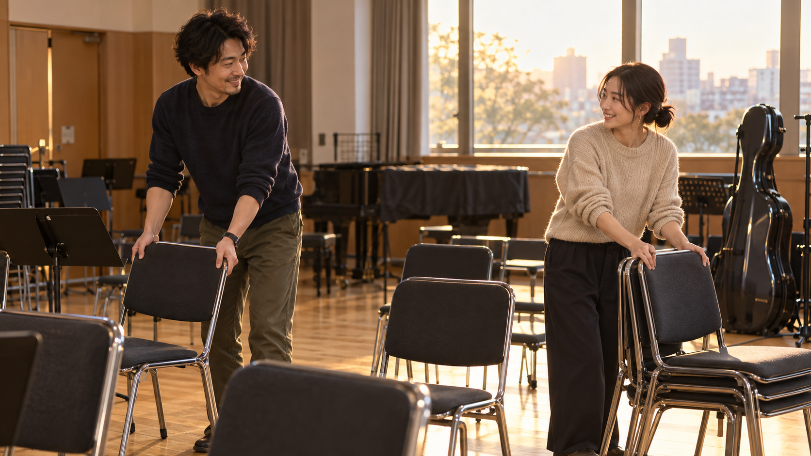 音楽活動の後、一緒に椅子を片付ける二人