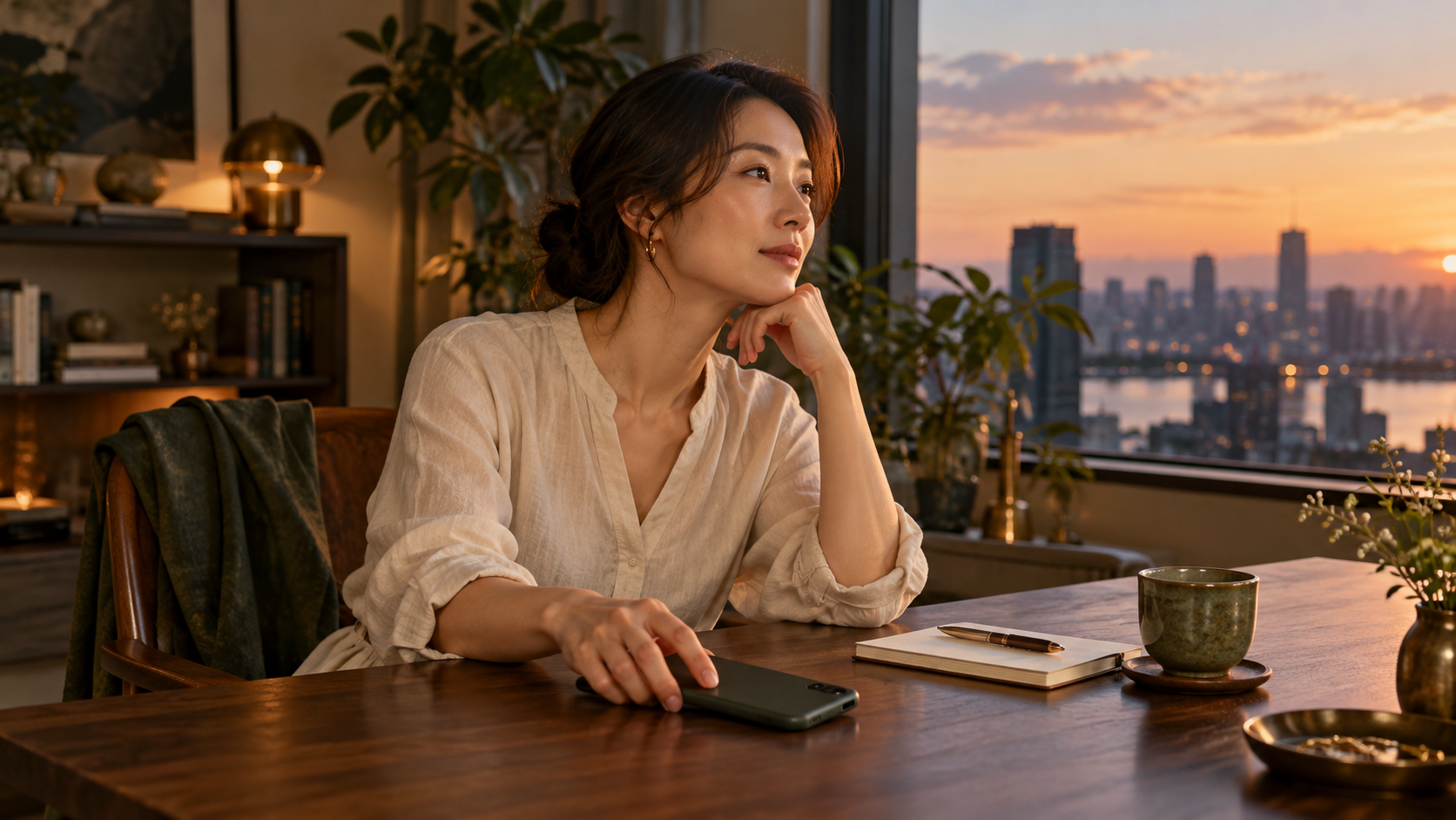 窓辺でスマートフォンを置き、静かな時間を過ごす女性