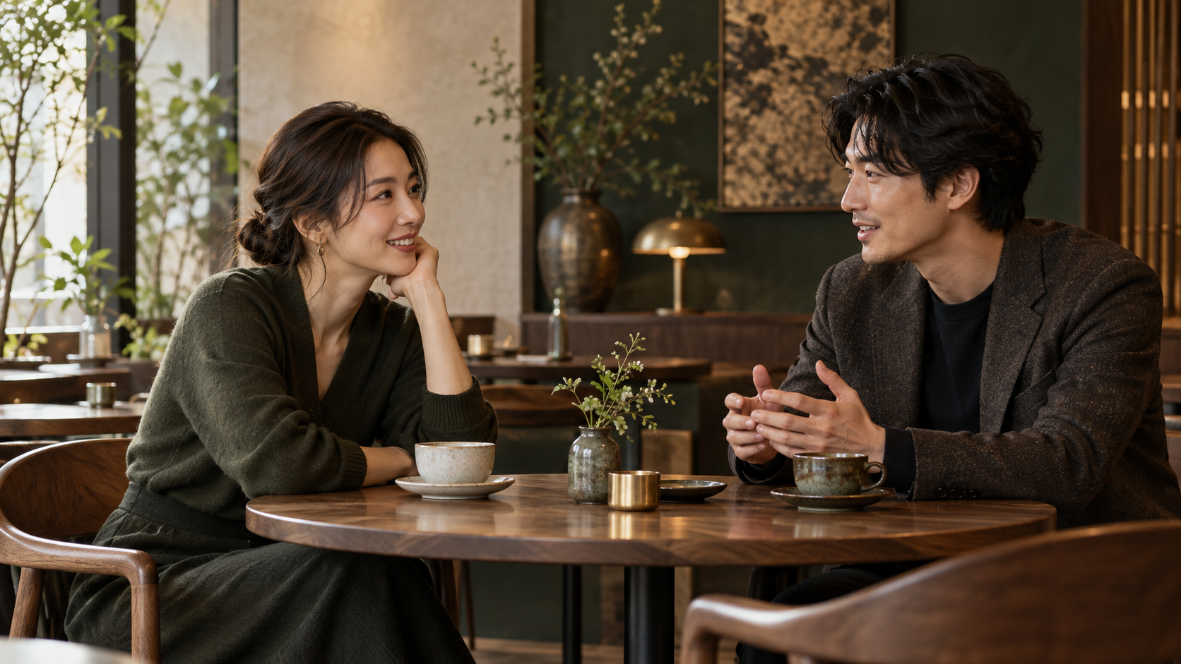 カフェで落ち着いて会話する二人