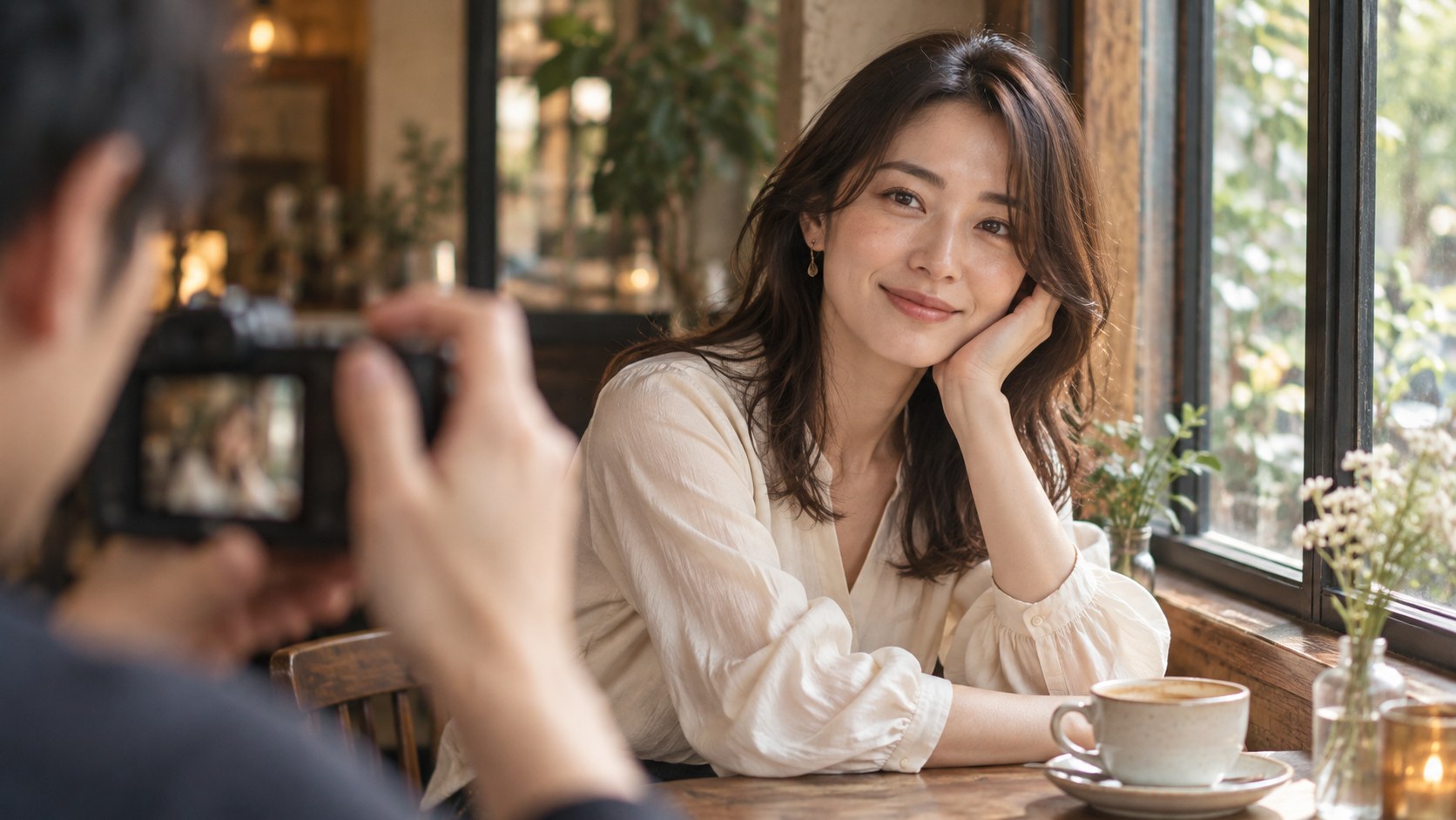 窓辺で自然な表情のプロフィール写真を撮る場面