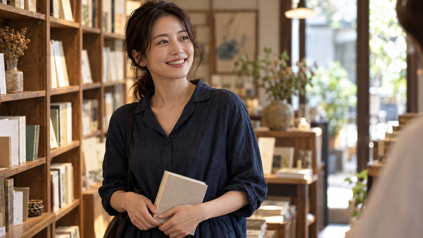 書店で本を手にする休日の一場面