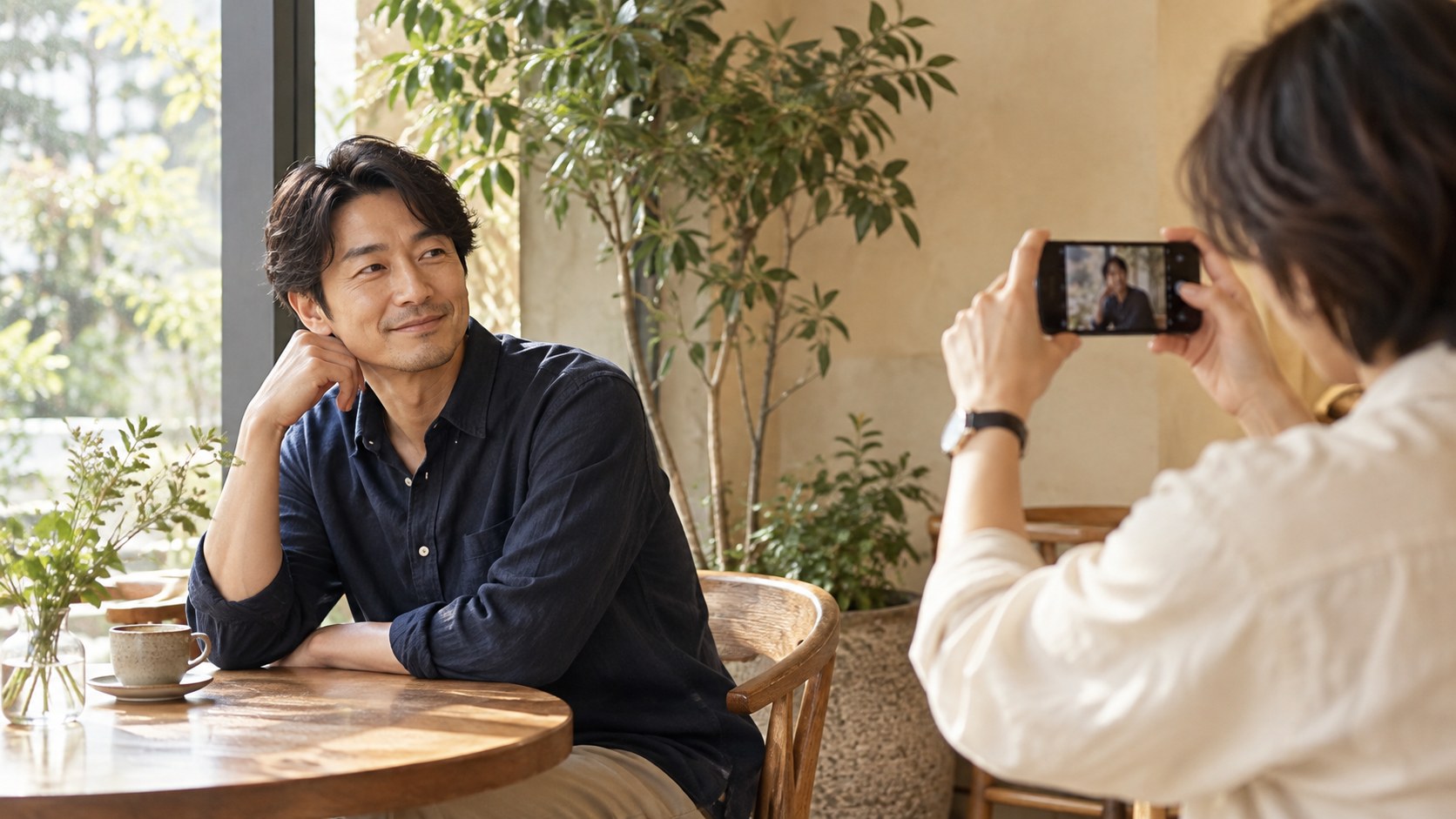 窓辺の自然光を使って友人に写真を撮ってもらう場面