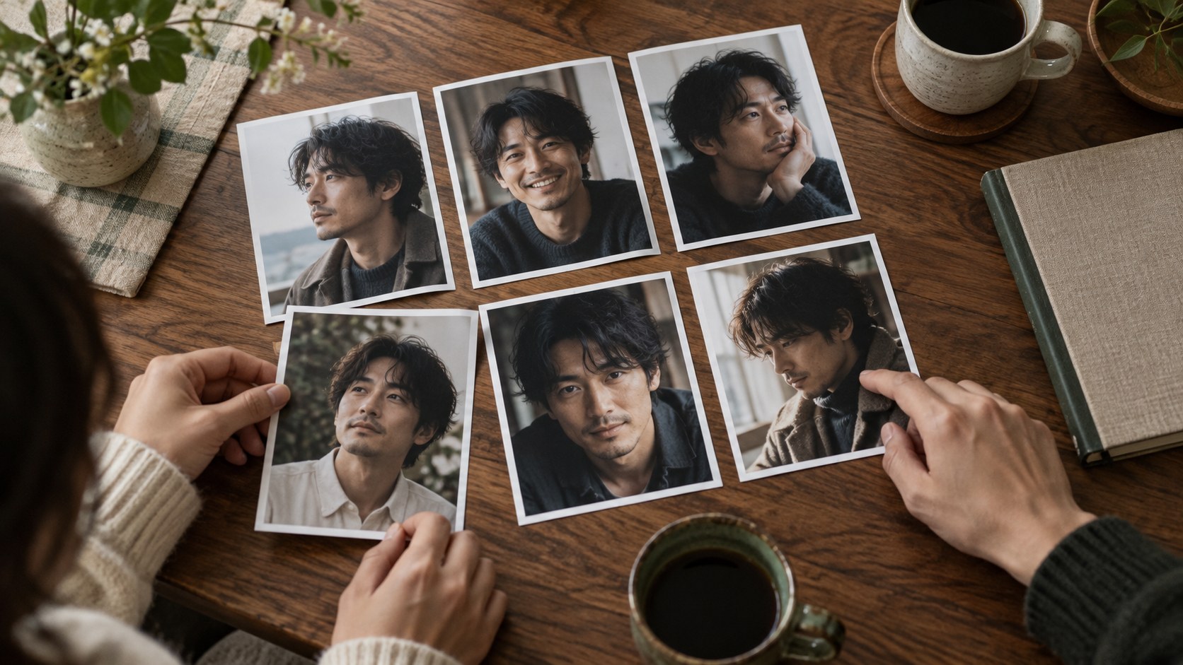 表情や角度の違う写真を並べて候補を選ぶ場面