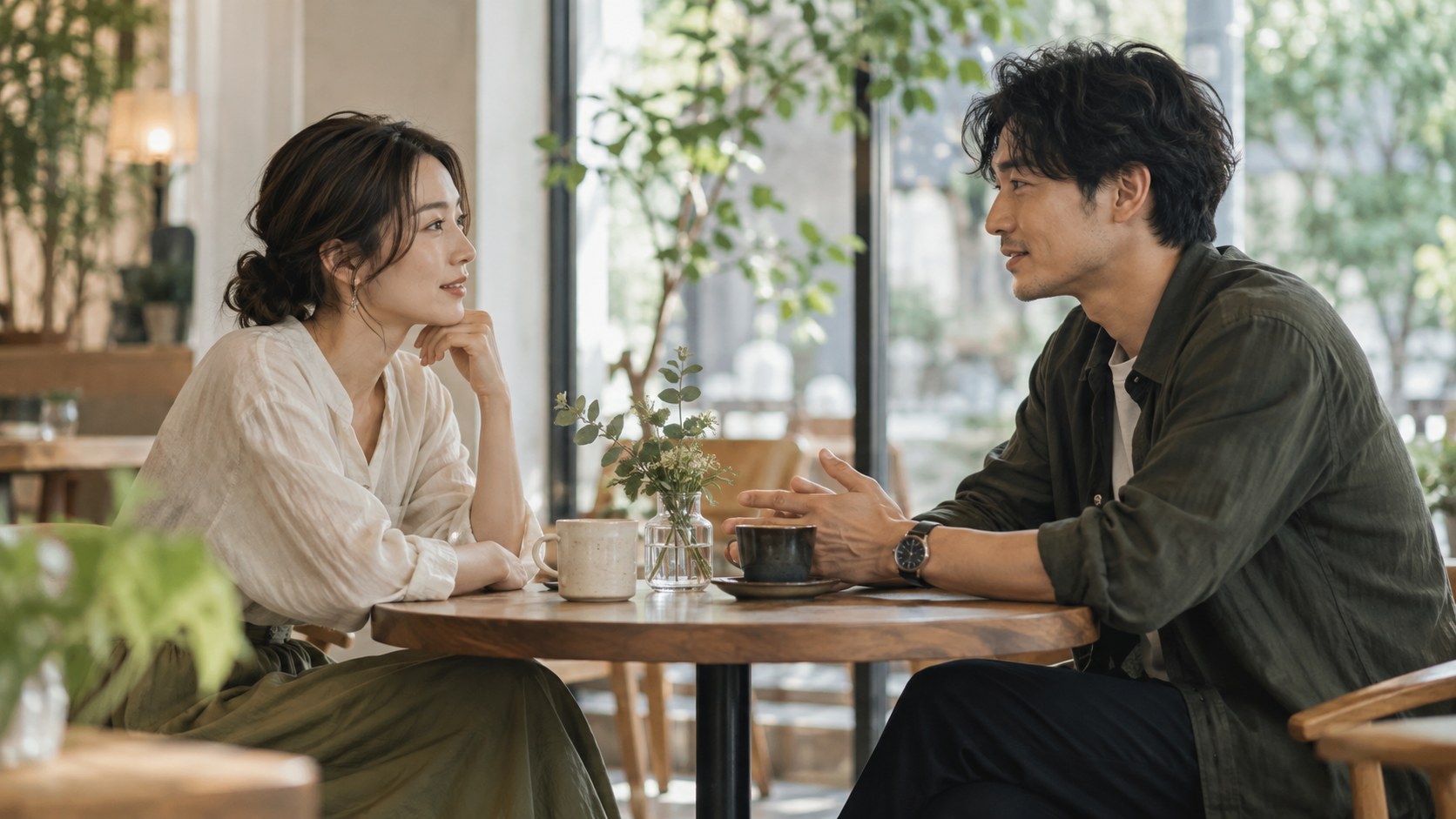 カフェで落ち着いて会話をする二人