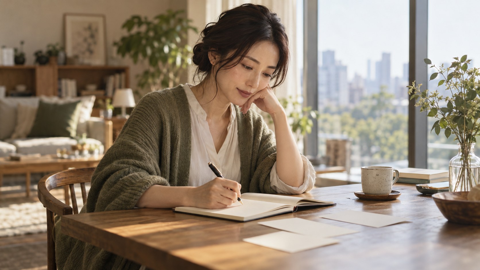 窓辺でノートに暮らしの希望を書き出す女性