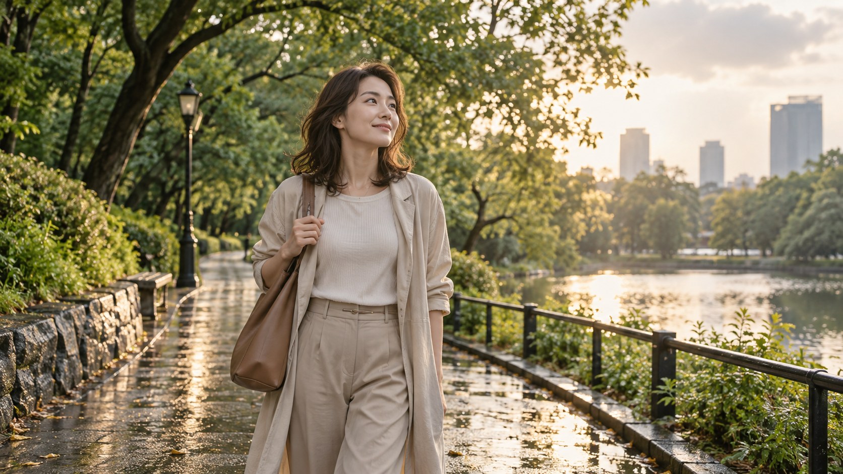 公園を歩きながら考える時間を持つ女性