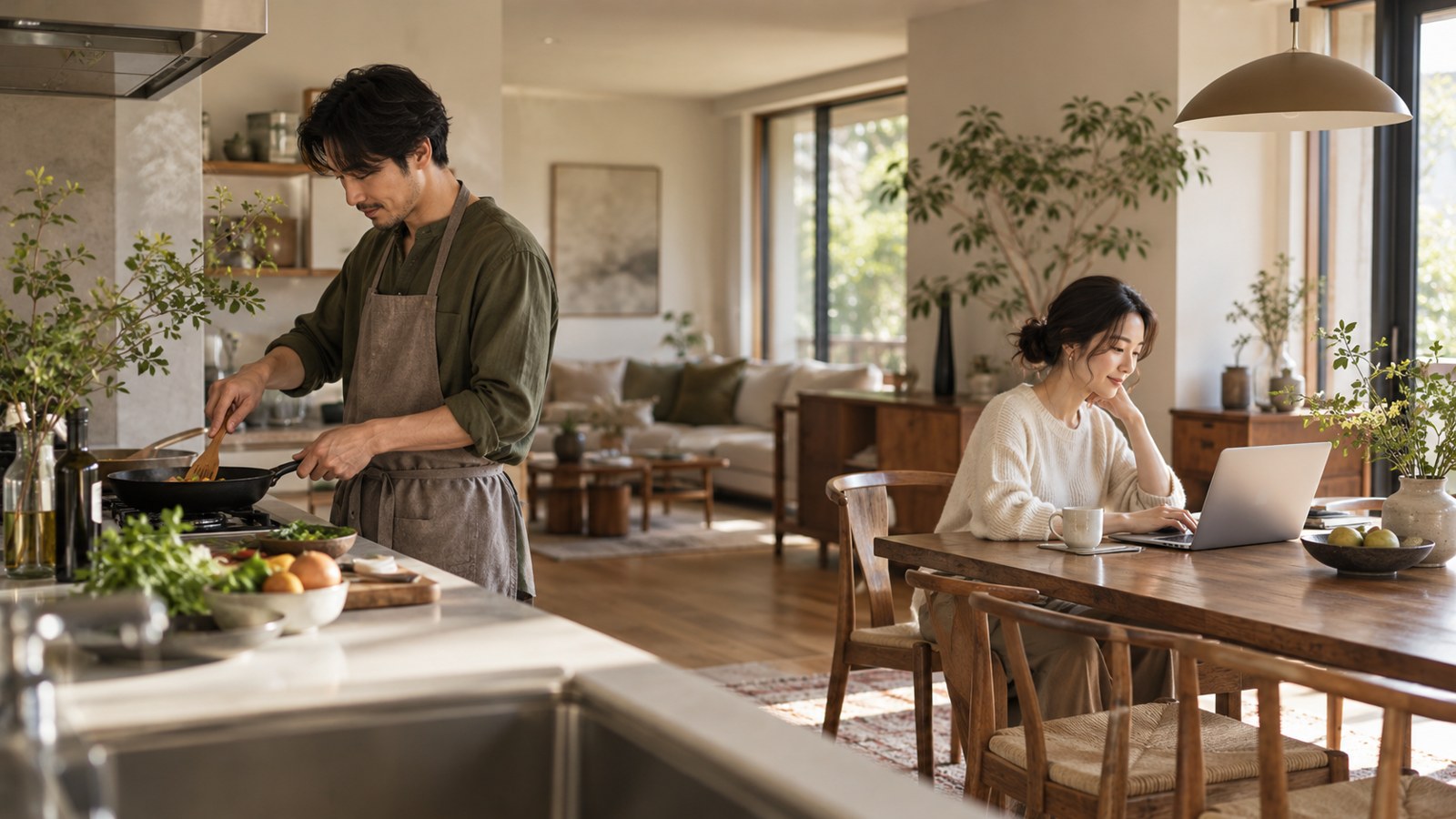 料理と仕事を分担する二人の生活