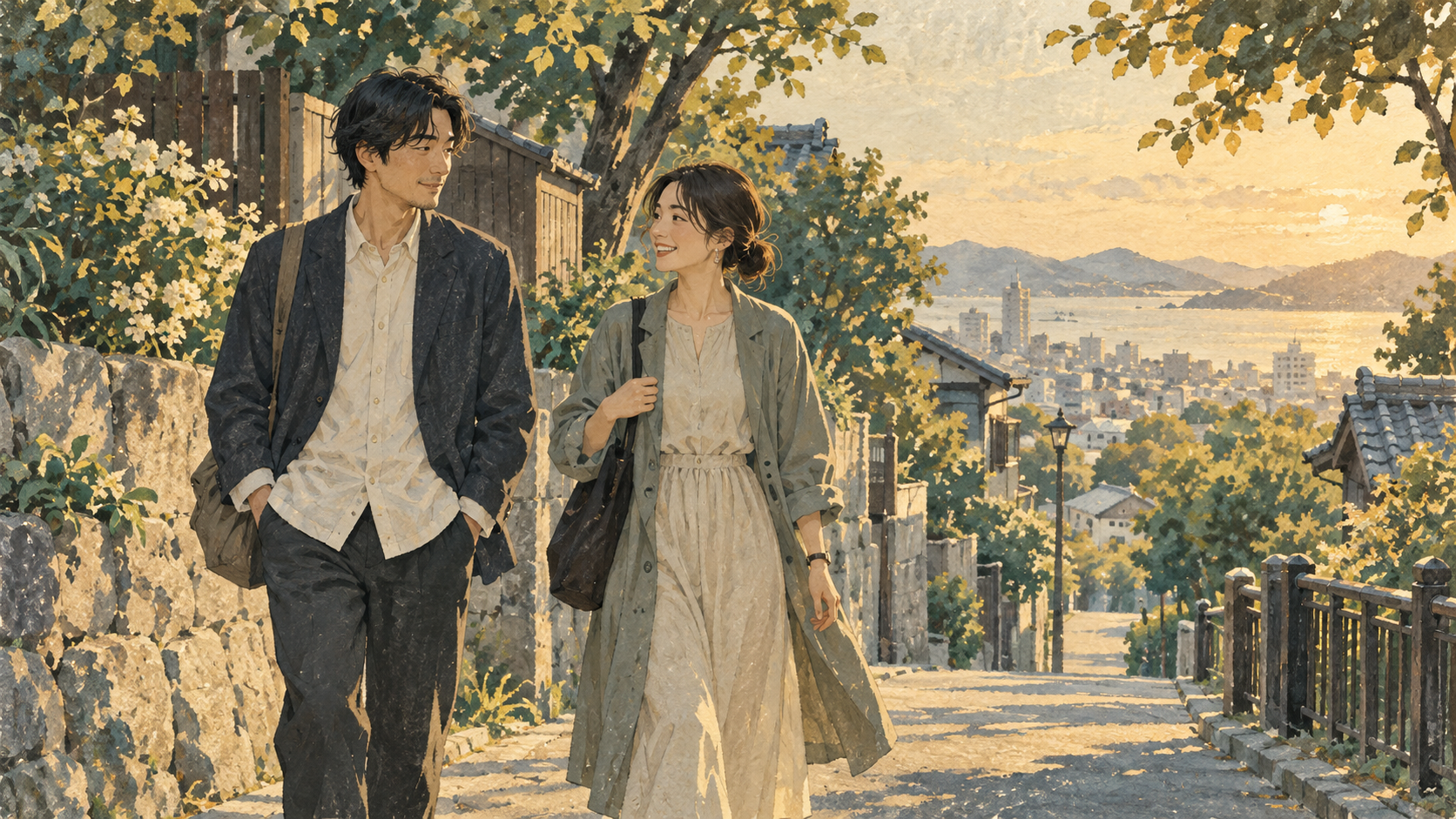 夕方の街を並んで歩きながら話す二人