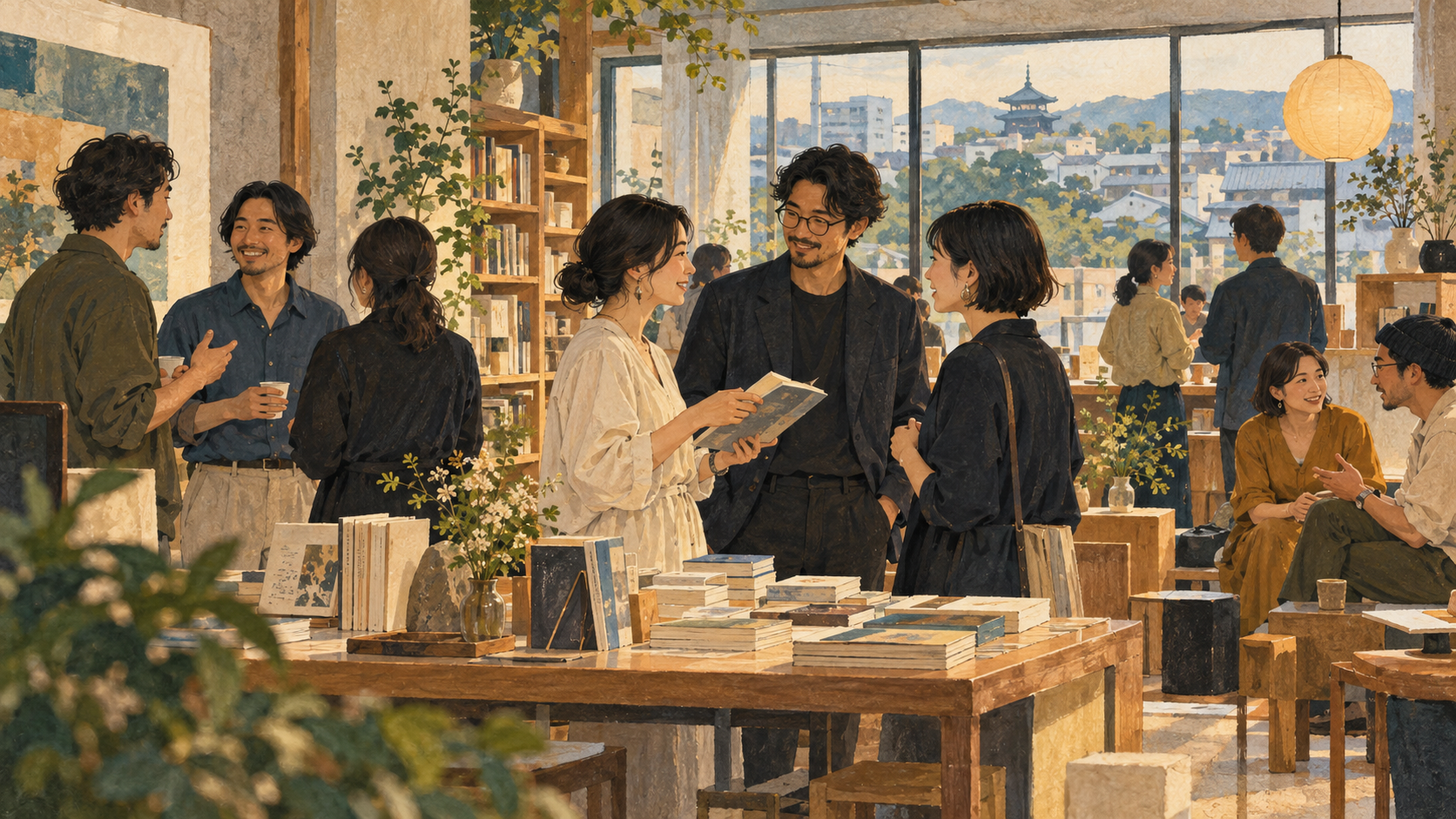 本を囲んで会話を楽しむ人々