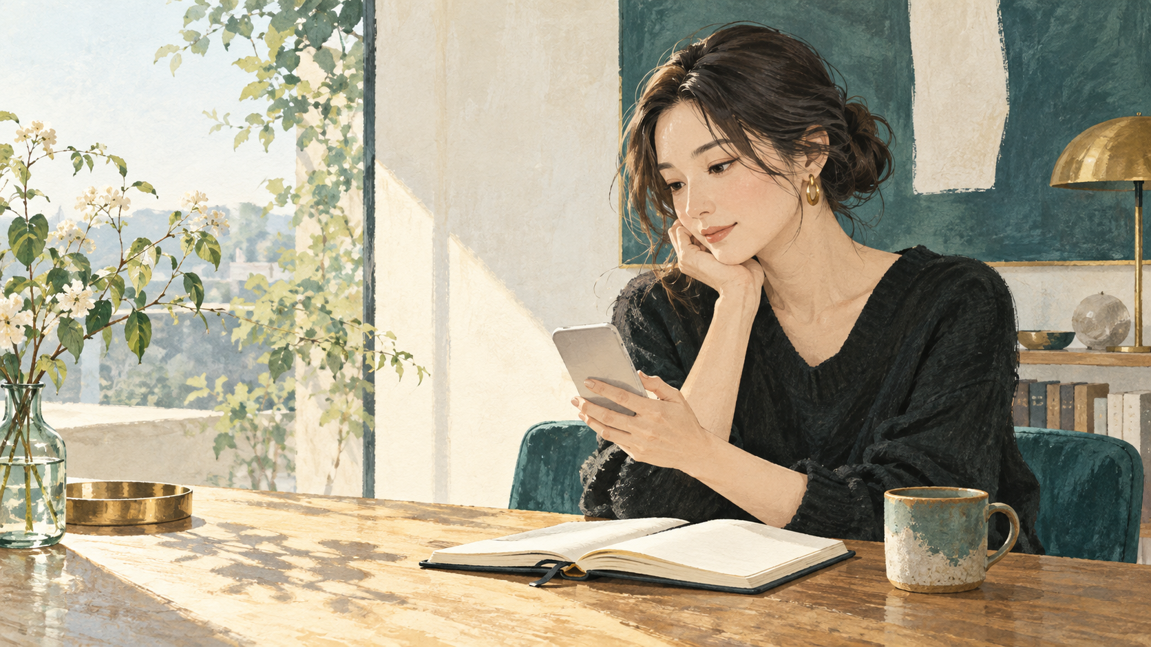 スマートフォンとノートを見ながら活動を振り返る女性