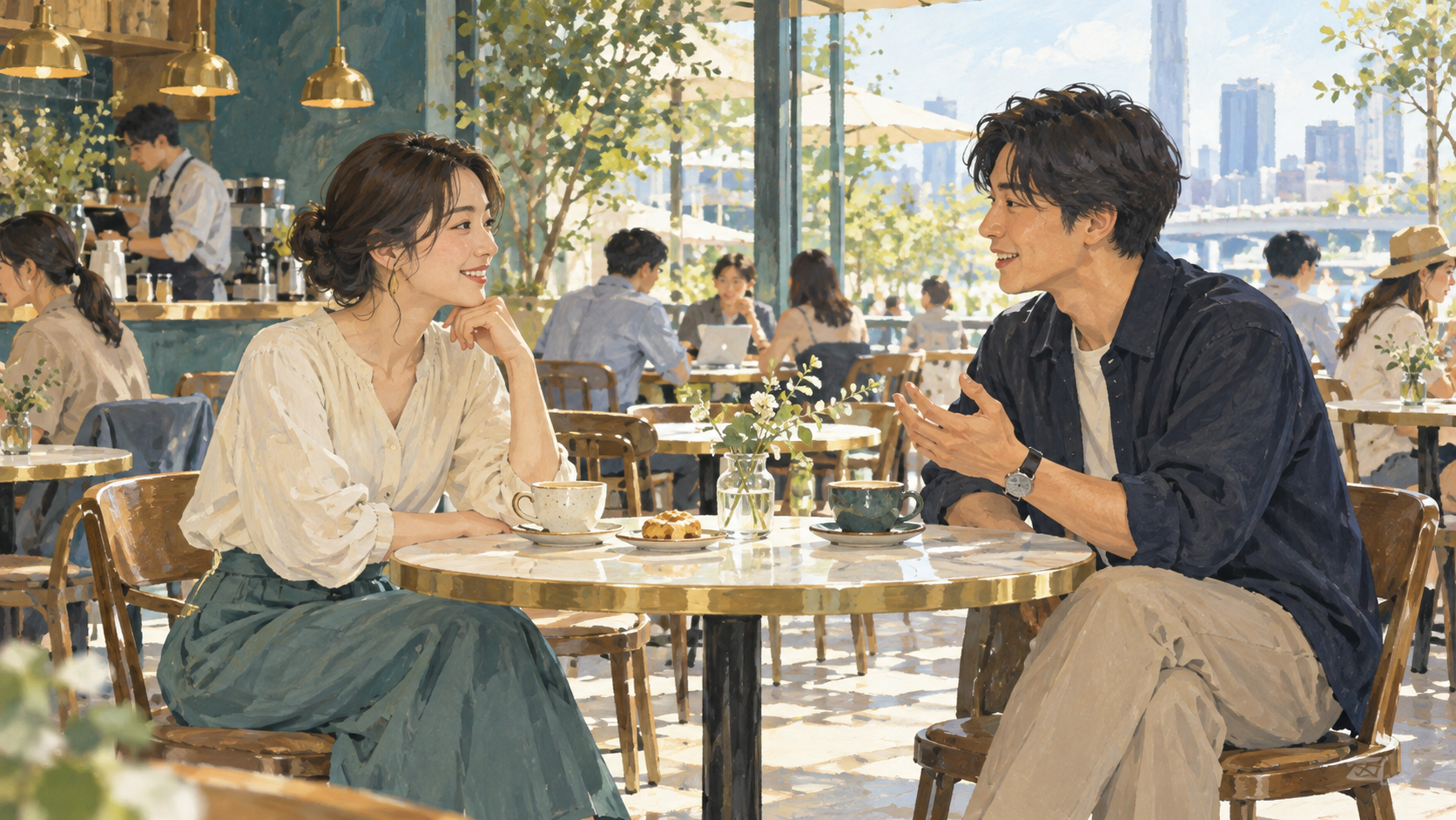 人のいる明るいカフェで話す二人