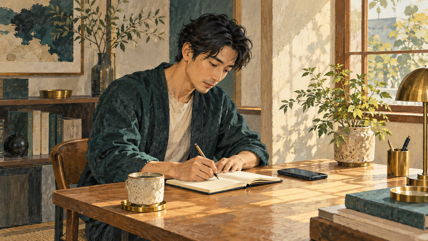 ノートで自分の考えを整理する男性