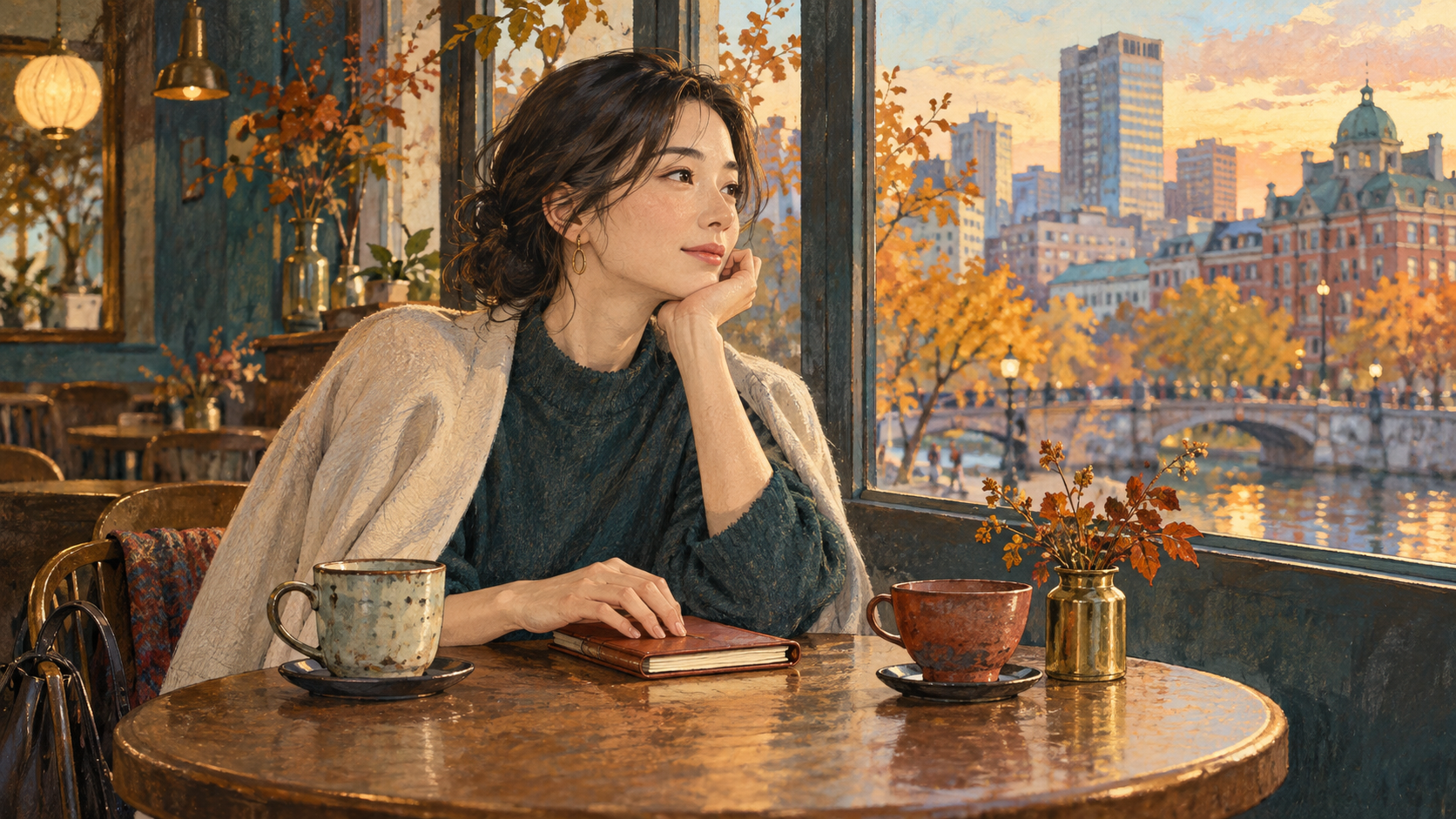 窓辺のカフェで落ち着いて向き合う二人