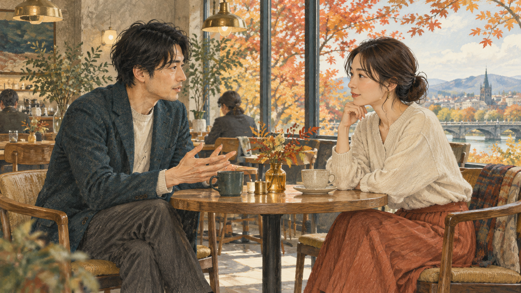 カフェでお互いの希望を話し合う二人