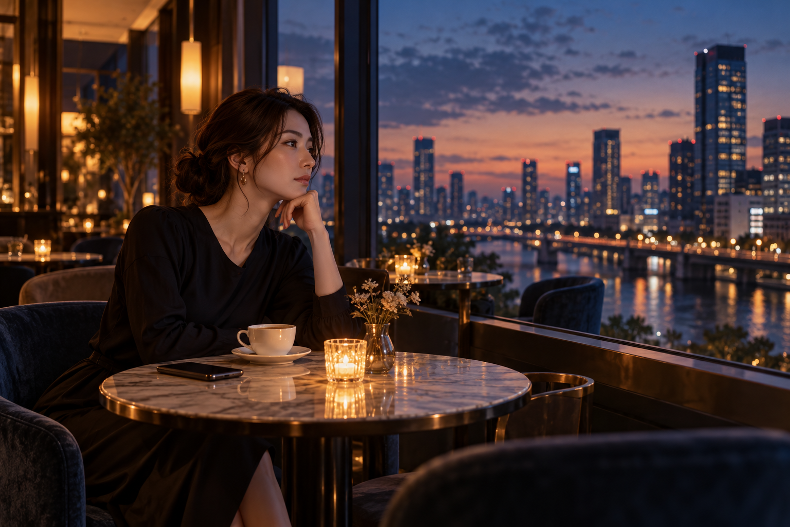 カフェでスマートフォンを置き、窓の外へ目を向ける女性