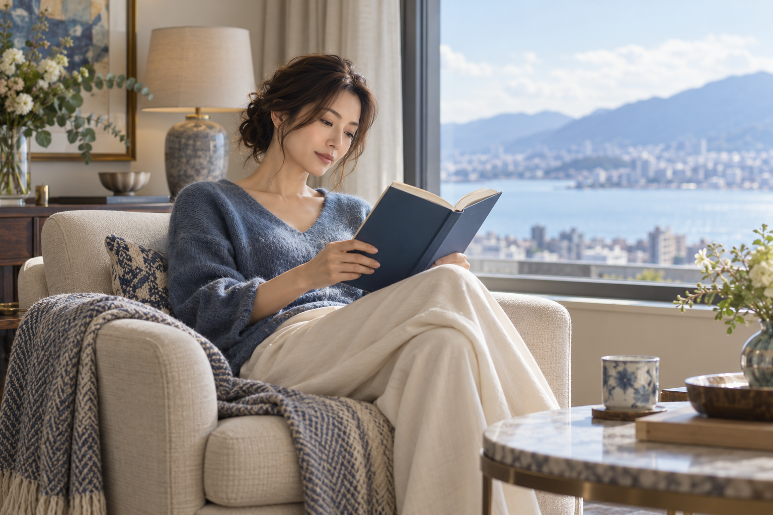 窓辺で本を読む女性