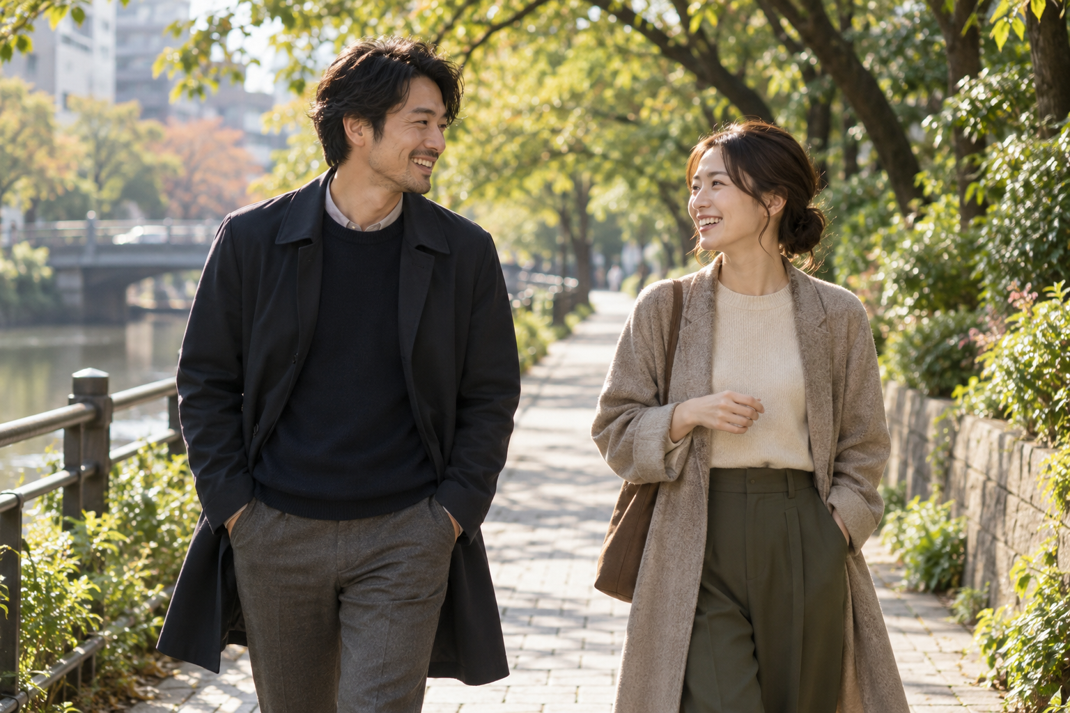 スマートフォンを持たず散歩と会話を楽しむ二人