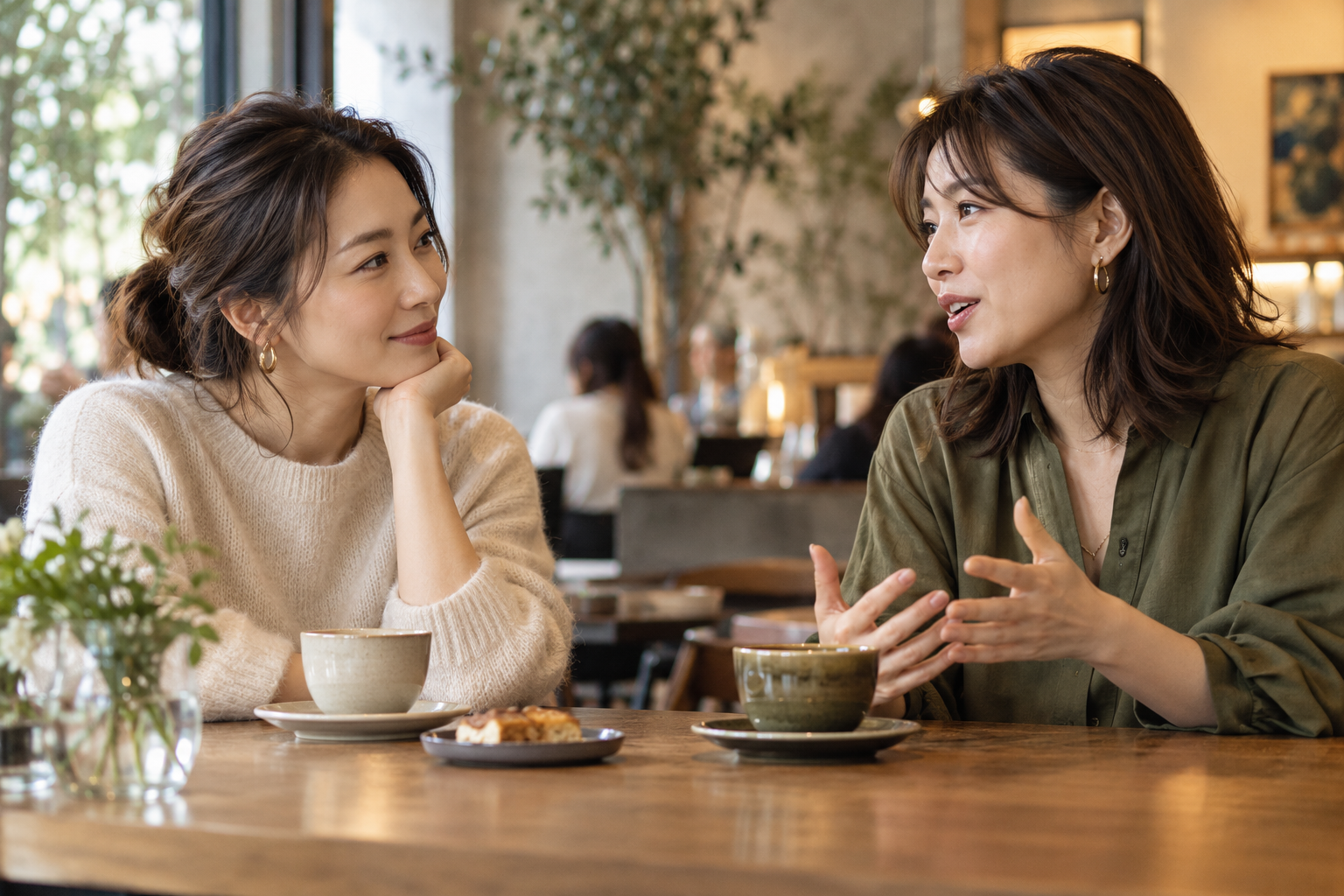 カフェで互いの話を聞く二人の女性