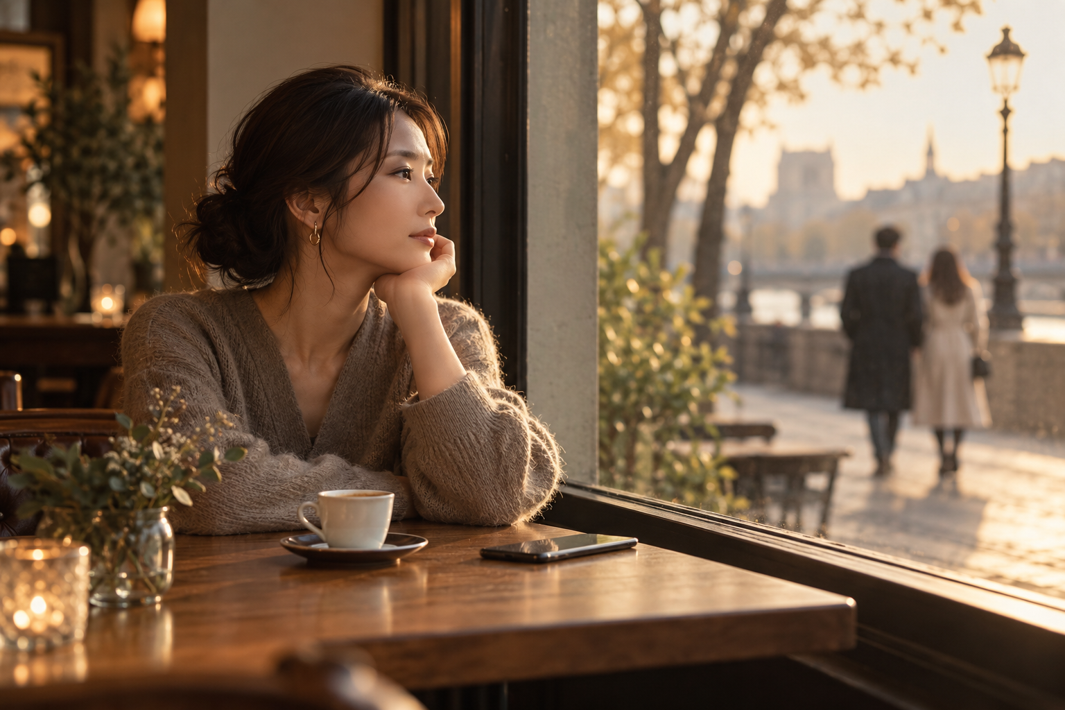 カフェの窓辺で考え事をする女性